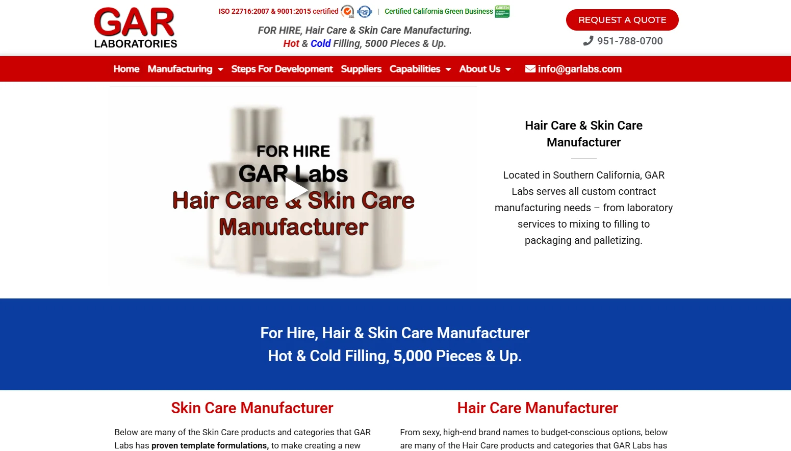 GAR Labs webpage highlighting hair care and skincare manufacturing services, including contact information and service details.
